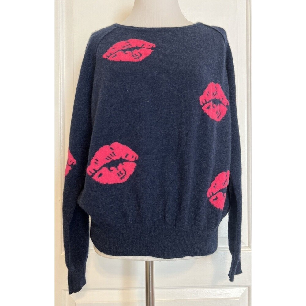 $361 BRODIE 100% Cashmere Navy Blue Bright Pink Kiss Lips Designer Sweater M